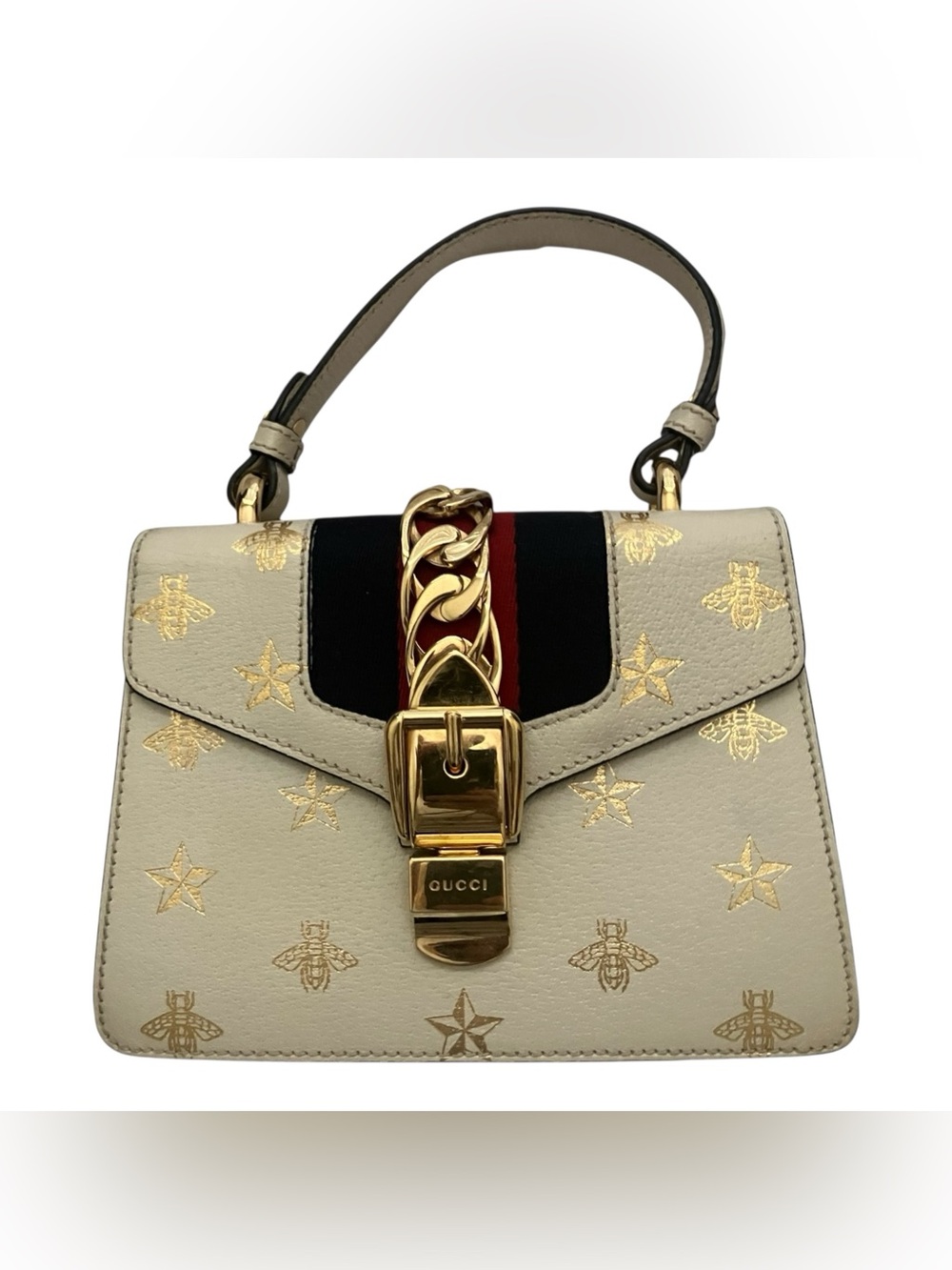 Gucci Cream Leather Top Handle Satchel/Crossbody with Gold Bee & Star Accents-